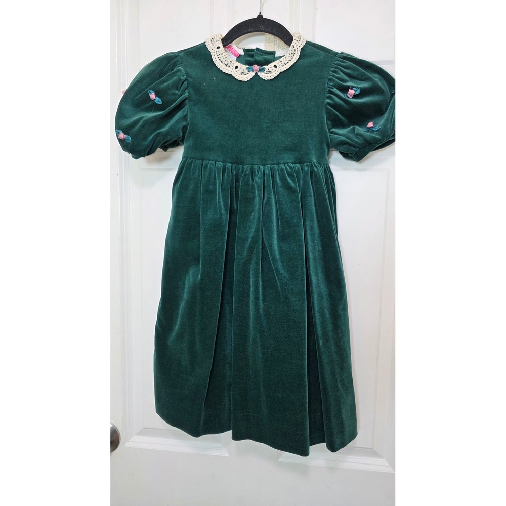 VTG‎ Polly Flinders Y2k Velvet Dress Girls 6/4 Green Lace Collar Holiday J7990